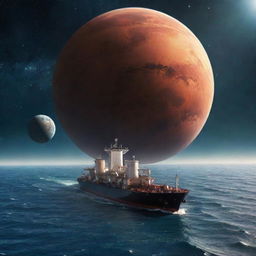 A large tanker ship navigating the open sea, a backdrop of surreal gigantic planets with astronauts floating in the space-like atmosphere.