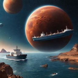 A large tanker ship navigating the open sea, a backdrop of surreal gigantic planets with astronauts floating in the space-like atmosphere.