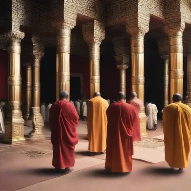 The worshippers entered the temple one after another, bowing their heads in reverence.