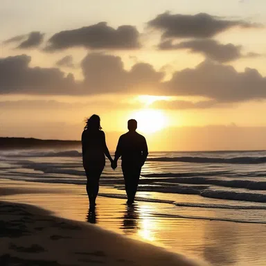 As the sun set, the couple walked along the beach, whispering sweet nothings to each other one after another.