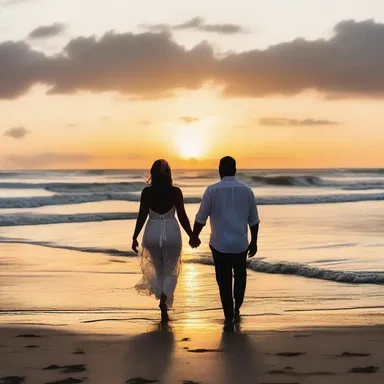 As the sun set, the couple walked along the beach, whispering sweet nothings to each other one after another.