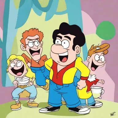 In the animated series, the characters performed comedic stunts one after another, entertaining the audience with their silliness.