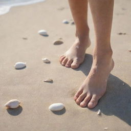 Close-up of bare feet in the sand at a sunlit beach, with tiny, white seashells scattered around and waves gently hitting the shoreline in the background.