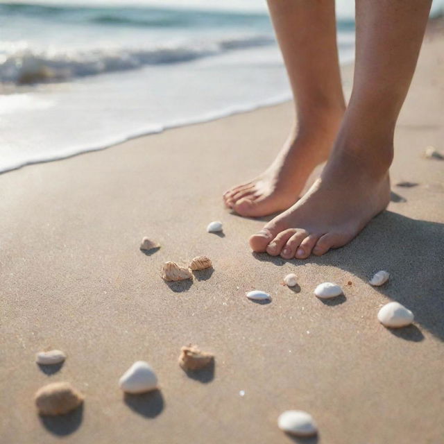 Close-up of bare feet in the sand at a sunlit beach, with tiny, white seashells scattered around and waves gently hitting the shoreline in the background.