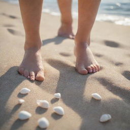 Close-up of bare feet in the sand at a sunlit beach, with tiny, white seashells scattered around and waves gently hitting the shoreline in the background.