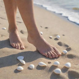 Close-up of bare feet in the sand at a sunlit beach, with tiny, white seashells scattered around and waves gently hitting the shoreline in the background.