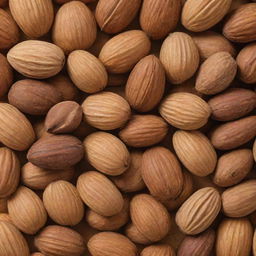 A close-up shot of a whole almond intricately placed with a variety of nuts highlighting their unique attributes and textures