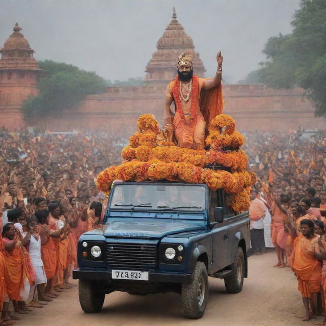 Lord Ram returning to Ayodhya in a majestic Land Rover Defender, amidst cheers and celebration.