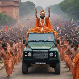 Lord Ram returning to Ayodhya in a majestic Land Rover Defender, amidst cheers and celebration.