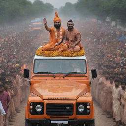 Lord Ram returning to Ayodhya in a majestic Land Rover Defender, amidst cheers and celebration.