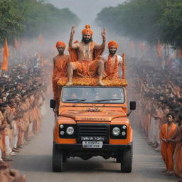 Lord Ram returning to Ayodhya in a majestic Land Rover Defender, amidst cheers and celebration.