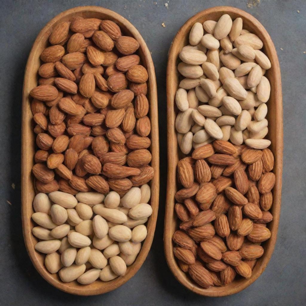 Two flats, one filled with almonds and the other filled with assorted nuts showing their variety in shapes and textures, placed side by side.