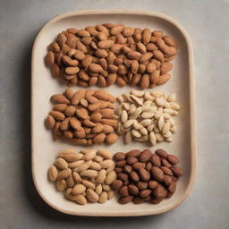 Two flats, one filled with almonds and the other filled with assorted nuts showing their variety in shapes and textures, placed side by side.