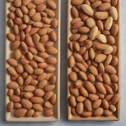 Two flats, one filled with almonds and the other filled with assorted nuts showing their variety in shapes and textures, placed side by side.