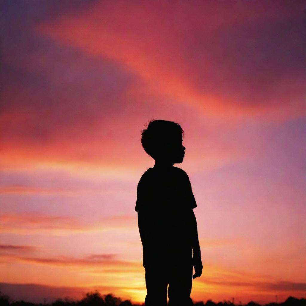 A silhouette of a young boy standing against a vibrant sunset backdrop with a sky full of different hues such as orange, pink and red.