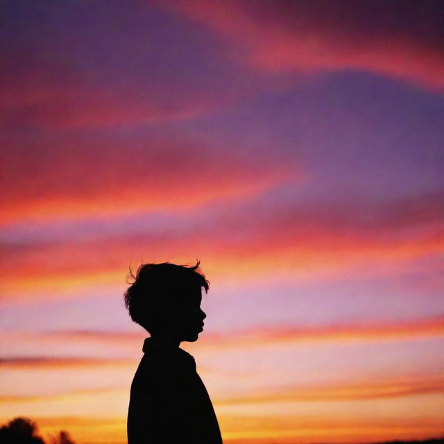 A silhouette of a young boy standing against a vibrant sunset backdrop with a sky full of different hues such as orange, pink and red.