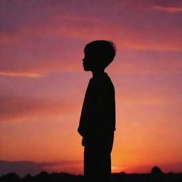 A silhouette of a young boy standing against a vibrant sunset backdrop with a sky full of different hues such as orange, pink and red.