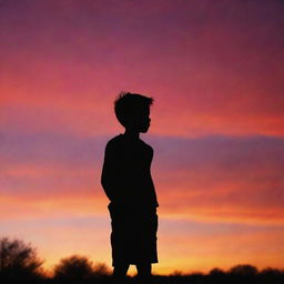 A silhouette of a young boy standing against a vibrant sunset backdrop with a sky full of different hues such as orange, pink and red.