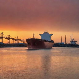 A large tanker ship docked at the bustling Houston port, positioned towards a breathtaking sunset that paints the sky with hues of orange and red.