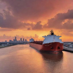 A large tanker ship docked at the bustling Houston port, positioned towards a breathtaking sunset that paints the sky with hues of orange and red.