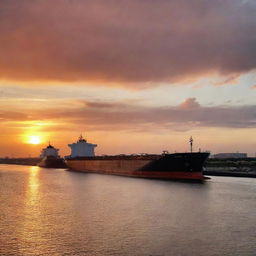 A large tanker ship docked at the bustling Houston port, positioned towards a breathtaking sunset that paints the sky with hues of orange and red.