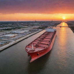 A large tanker ship docked at the bustling Houston port, positioned towards a breathtaking sunset that paints the sky with hues of orange and red.