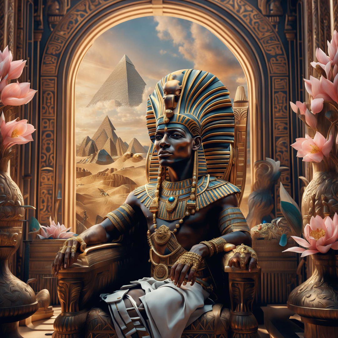 Hyper-realistic 3D photograph of a majestic black Egyptian pharaoh on a Rococo throne in a grand hall, with a desert view, vibrant colours, and a flower aesthetic.