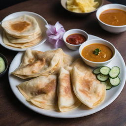 A plate of freshly made Malaysian Roti Canai served with curry dipping sauce, garnished with a side of pickled onions and sliced cucumbers.