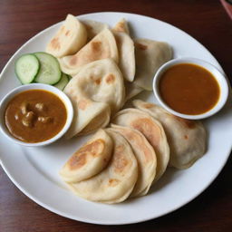 A plate of freshly made Malaysian Roti Canai served with curry dipping sauce, garnished with a side of pickled onions and sliced cucumbers.