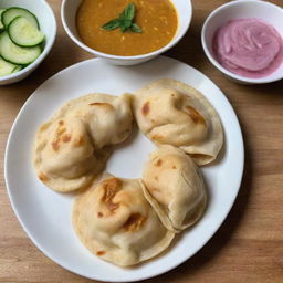 A plate of freshly made Malaysian Roti Canai served with curry dipping sauce, garnished with a side of pickled onions and sliced cucumbers.