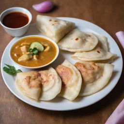 A plate of freshly made Malaysian Roti Canai served with curry dipping sauce, garnished with a side of pickled onions and sliced cucumbers.