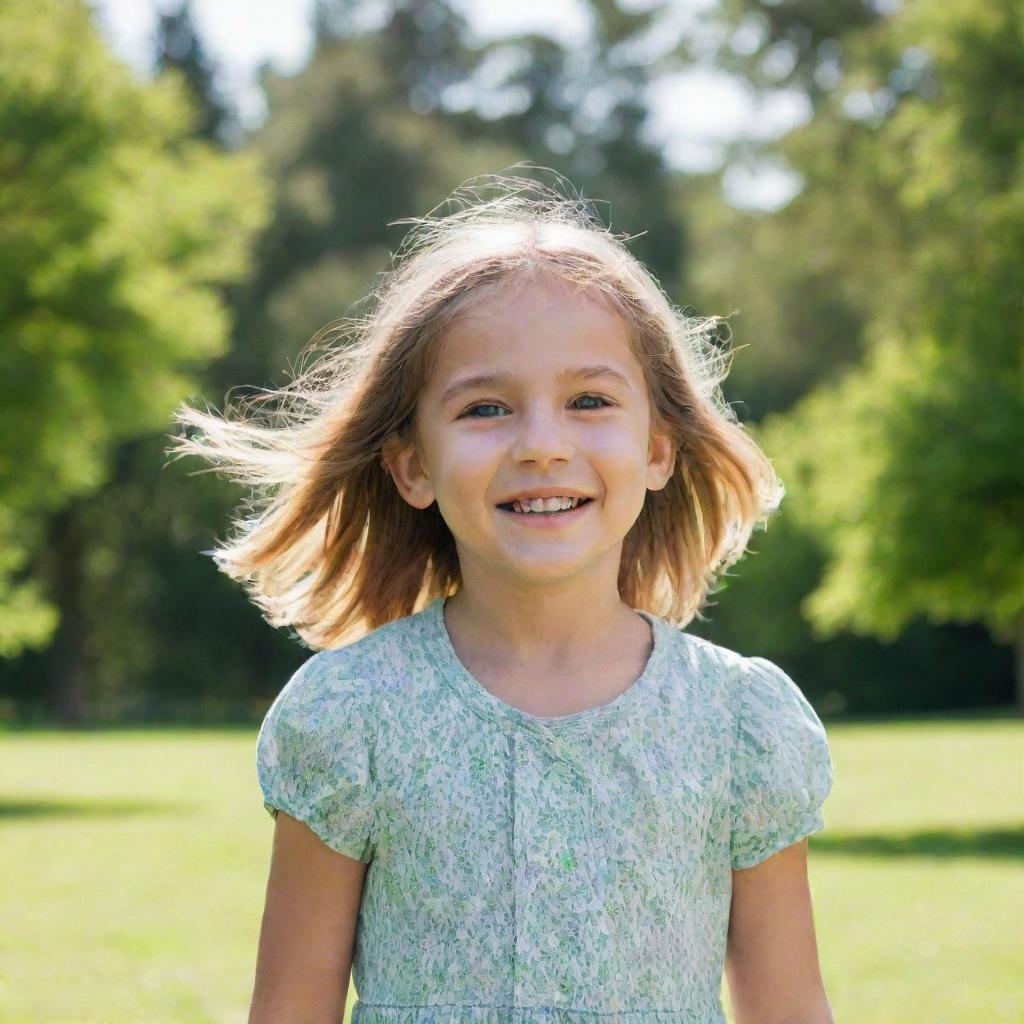 A young girl with bright eyes and a joyful smile, wearing a casual outfit and playing in a sunny park with vibrant green trees in the background.