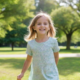 A young girl with bright eyes and a joyful smile, wearing a casual outfit and playing in a sunny park with vibrant green trees in the background.