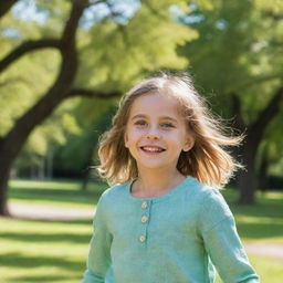 A young girl with bright eyes and a joyful smile, wearing a casual outfit and playing in a sunny park with vibrant green trees in the background.