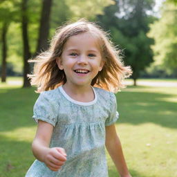 A young girl with bright eyes and a joyful smile, wearing a casual outfit and playing in a sunny park with vibrant green trees in the background.