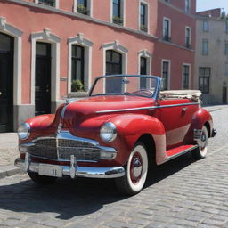 A tranquil scene of a vintage car with glossy red paint and chrome details, parked on a cobblestone street with 19th-century buildings in the background under a clear, sunny sky.