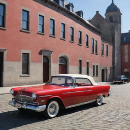 A tranquil scene of a vintage car with glossy red paint and chrome details, parked on a cobblestone street with 19th-century buildings in the background under a clear, sunny sky.