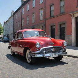 A tranquil scene of a vintage car with glossy red paint and chrome details, parked on a cobblestone street with 19th-century buildings in the background under a clear, sunny sky.