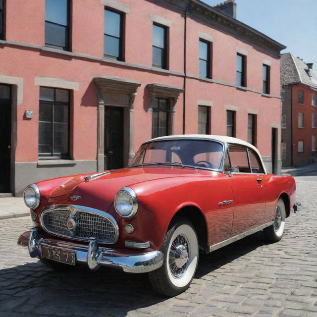 A tranquil scene of a vintage car with glossy red paint and chrome details, parked on a cobblestone street with 19th-century buildings in the background under a clear, sunny sky.