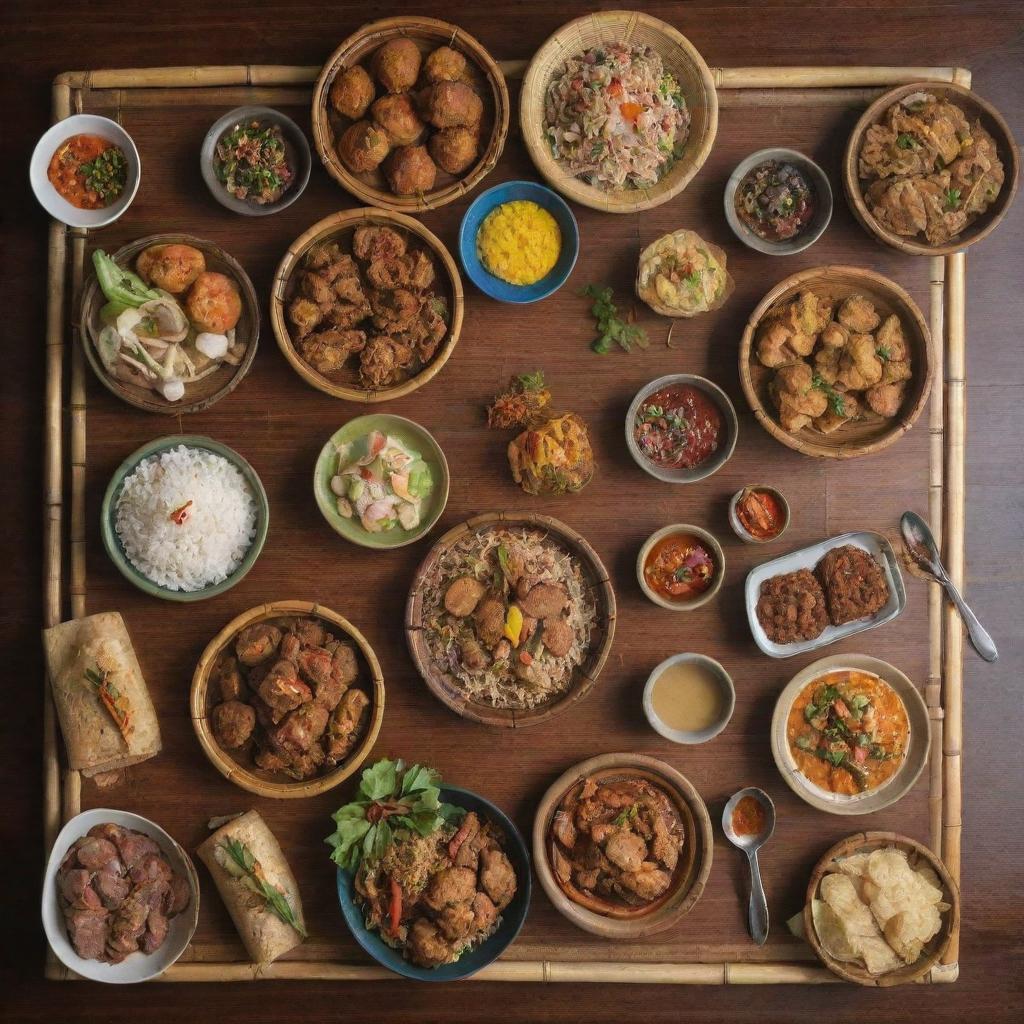 A collection of traditional Filipino dishes, beautifully arranged on a bamboo serving table, with the diverse and rich colors of the food highlighted.