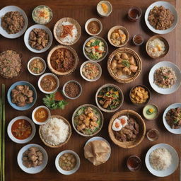 A collection of traditional Filipino dishes, beautifully arranged on a bamboo serving table, with the diverse and rich colors of the food highlighted.