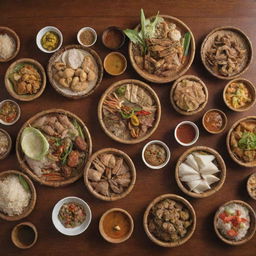 A collection of traditional Filipino dishes, beautifully arranged on a bamboo serving table, with the diverse and rich colors of the food highlighted.