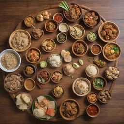 A collection of traditional Filipino dishes, beautifully arranged on a bamboo serving table, with the diverse and rich colors of the food highlighted.