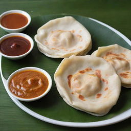 A fresh, hot Roti Canai, a popular Malaysian flatbread, served on a traditional banana leaf. Accompanied by flavorful side dipping sauces.