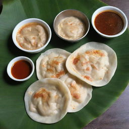 A fresh, hot Roti Canai, a popular Malaysian flatbread, served on a traditional banana leaf. Accompanied by flavorful side dipping sauces.