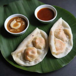 A fresh, hot Roti Canai, a popular Malaysian flatbread, served on a traditional banana leaf. Accompanied by flavorful side dipping sauces.