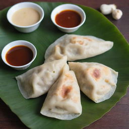 A fresh, hot Roti Canai, a popular Malaysian flatbread, served on a traditional banana leaf. Accompanied by flavorful side dipping sauces.