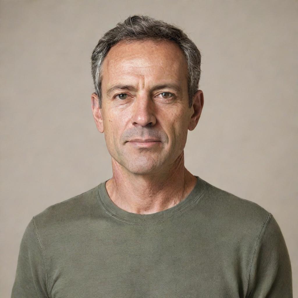 Detailed portrait of a middle-aged man with notable facial features, dressed in casual attire, standing confidently against a neutral background.