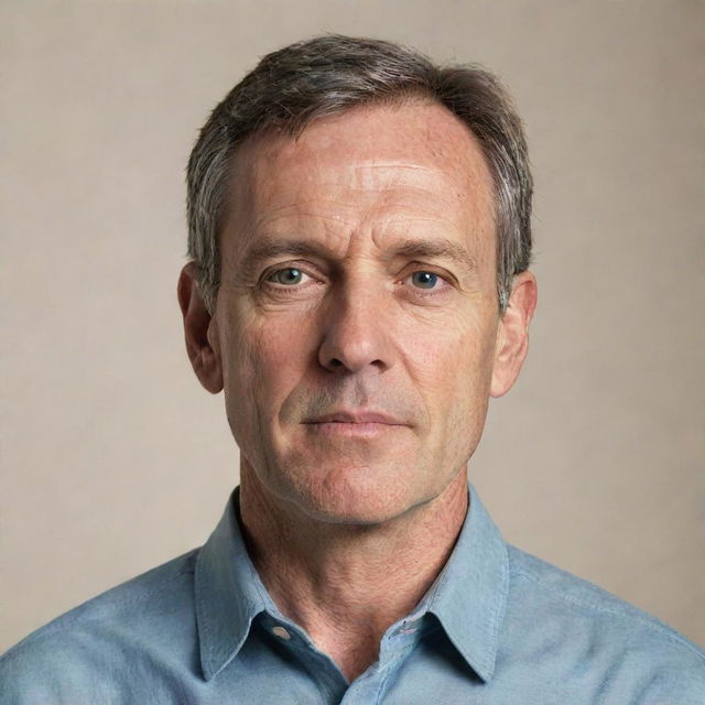 Detailed portrait of a middle-aged man with notable facial features, dressed in casual attire, standing confidently against a neutral background.