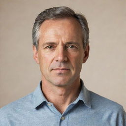 Detailed portrait of a middle-aged man with notable facial features, dressed in casual attire, standing confidently against a neutral background.